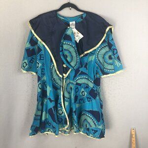 Vintage The African Village Tunic Womens Large Blue Gold Ethnic Tribal Artsy NEW